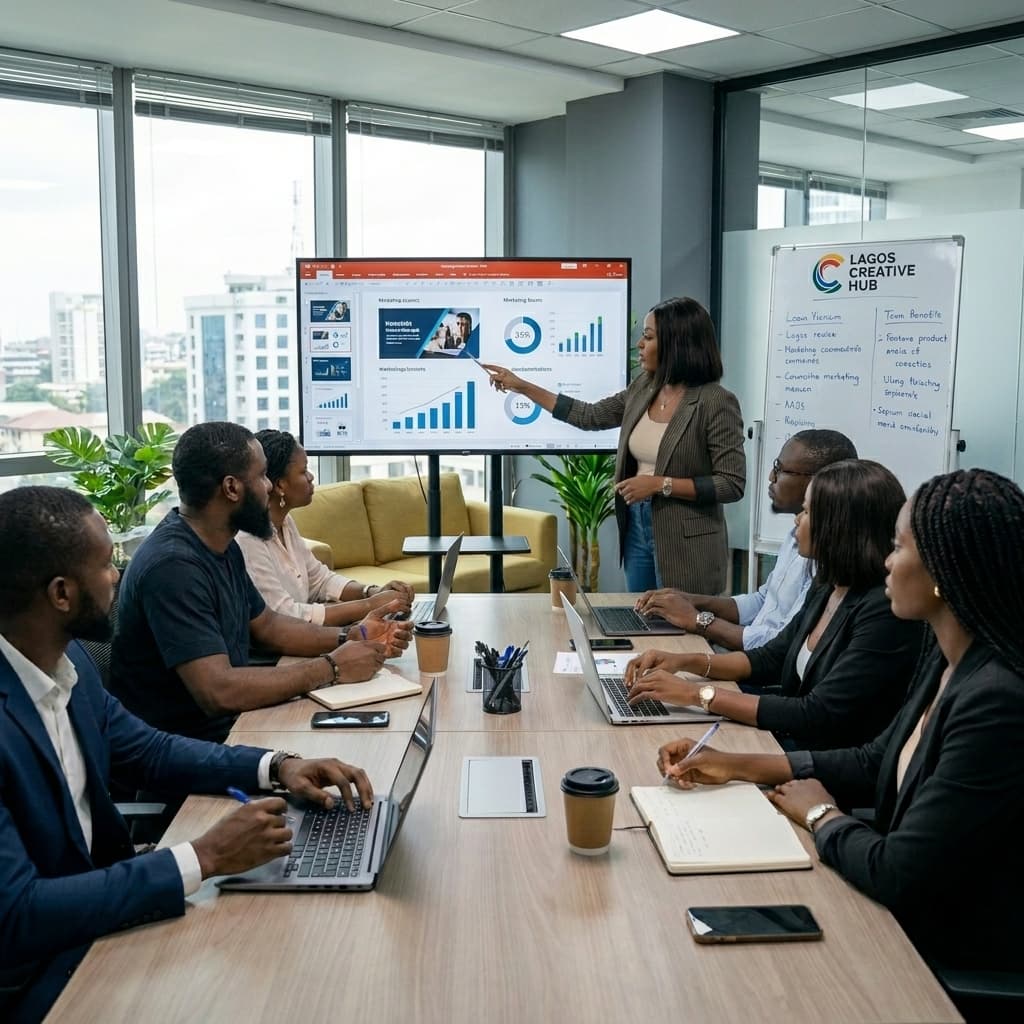 A marketing agency team collaborating in a modern office