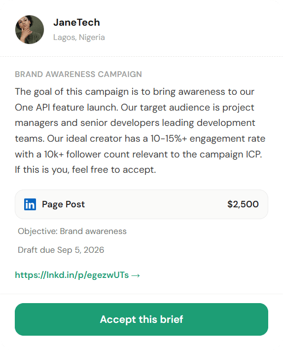 JaneTech brand awareness brief — $2,500 LinkedIn page post, draft due Sep 5, 2026